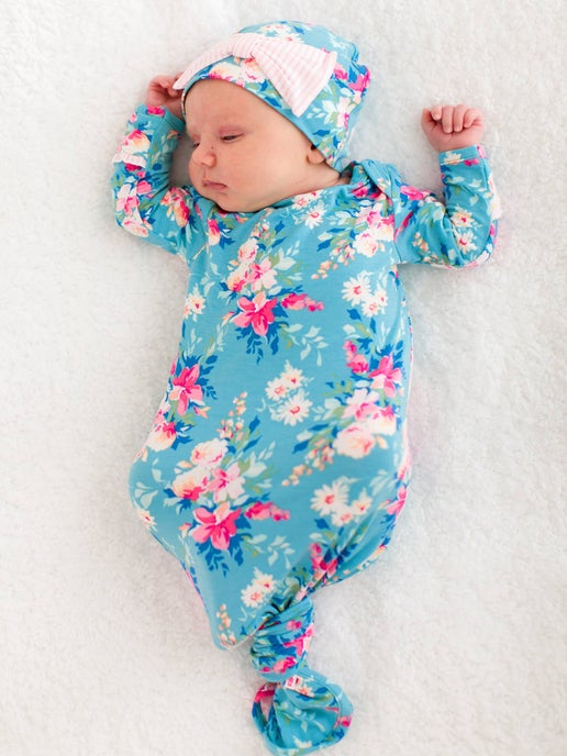 SoftSnooze Fancy Me Floral Ruffle Knotted Gown & Hat Set: Blue, Newborn-3m