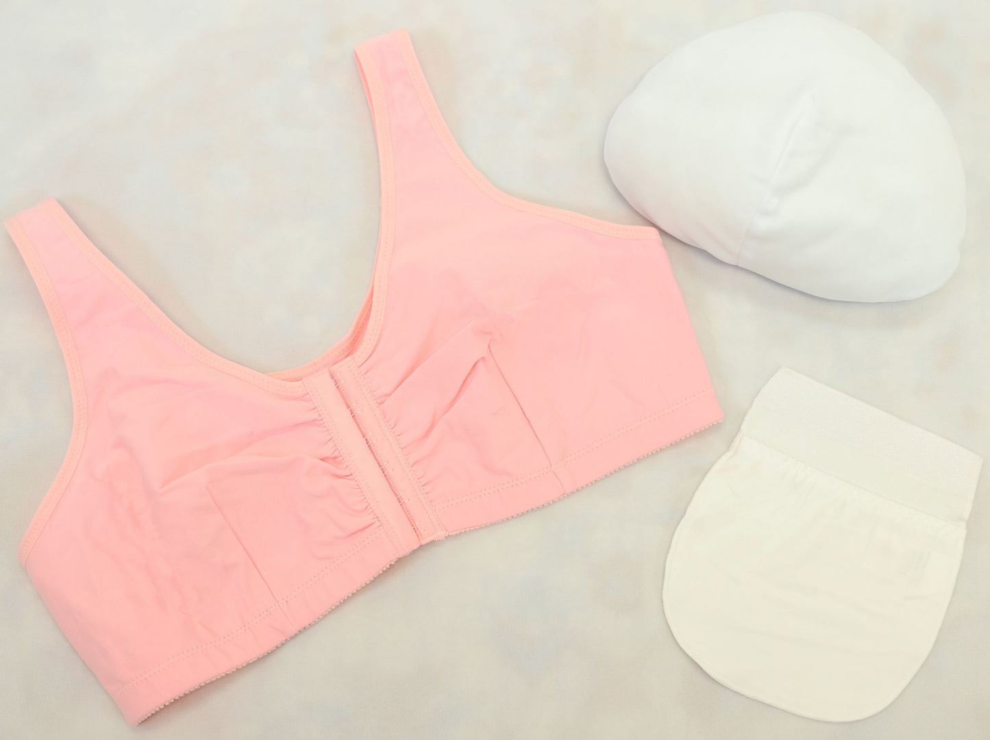 ABC 110 Leisure Front Closure Bra with 2 sized fiberfill breast forms and 2 attachable surgical drain holders
